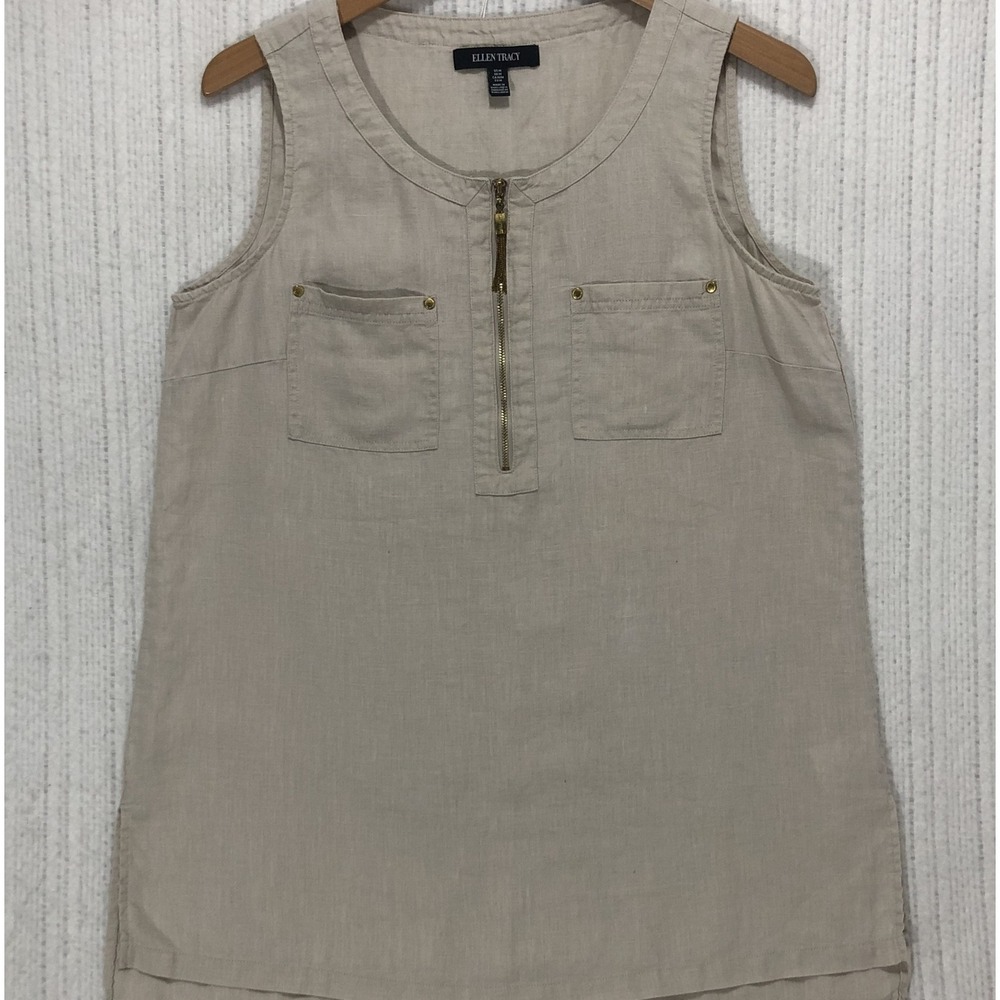 Ellen Tracy Womens Medium Beige Linen Blend Zip Front Sleeveless Shell Top